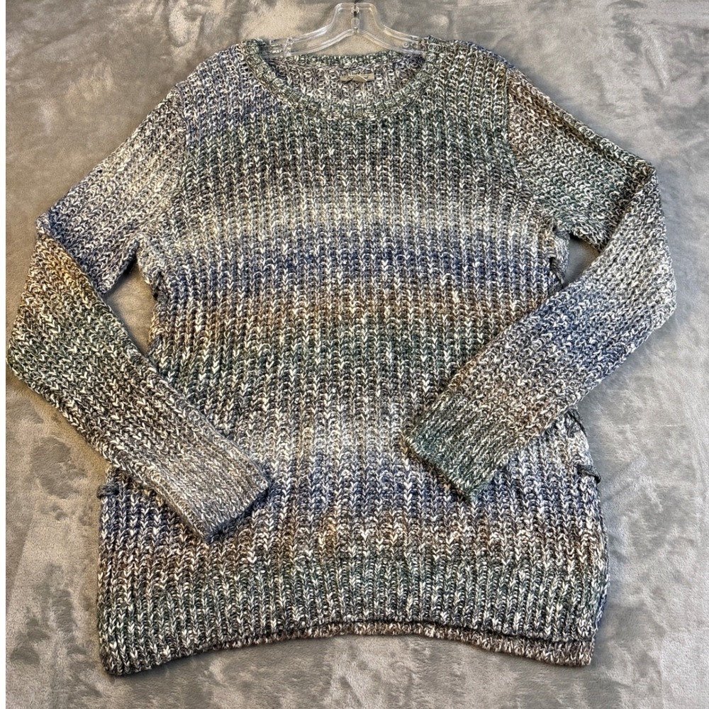 Lucky Brand Womens Blue Brown Ombre Chunky Knit Crew Neck Pullover Sweater L